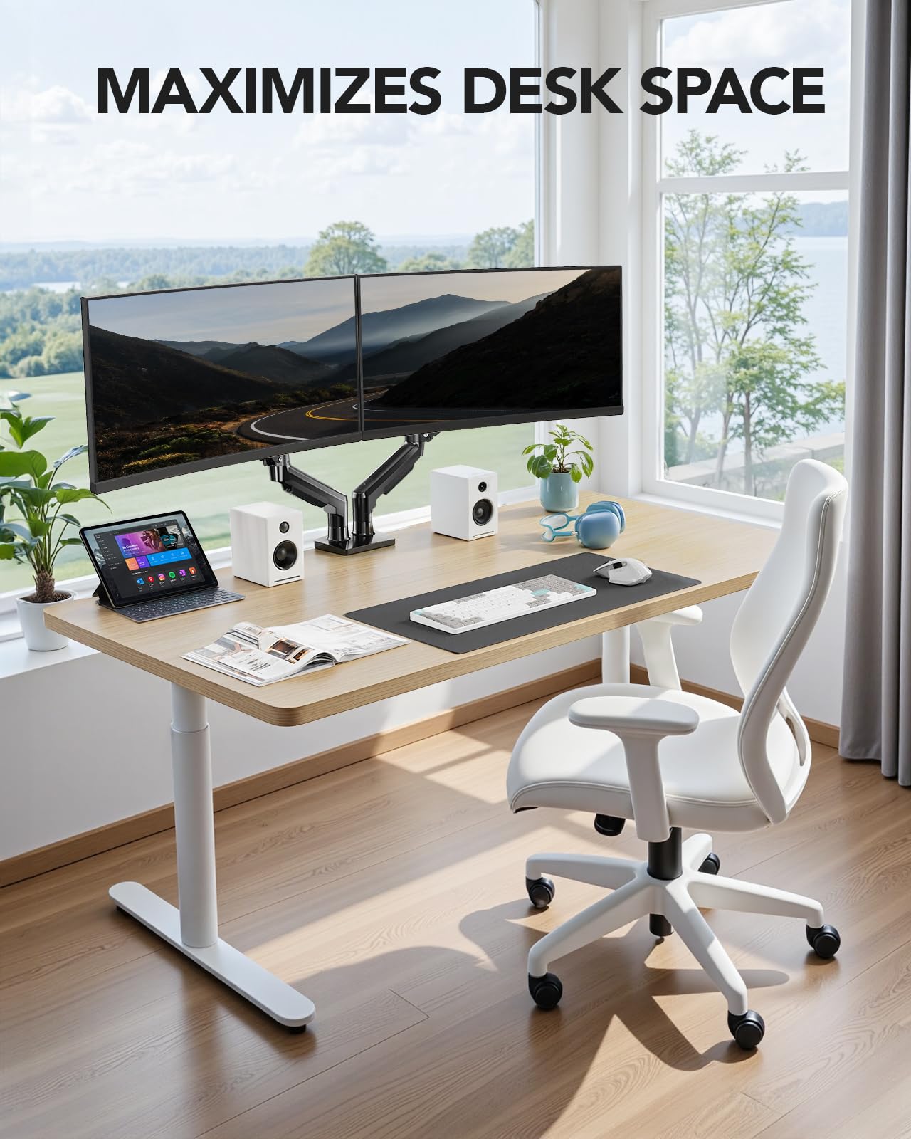 FlowLift™ Dual Monitor Stand, Fully Adjustable Gaming Monitor Desk Mount for 13–30″ Computer Screens, Full Motion VESA 75x75/100x100 with C-Clamp & Grommet Base, Each Arm Holds 4.4 to 19.8 lbs