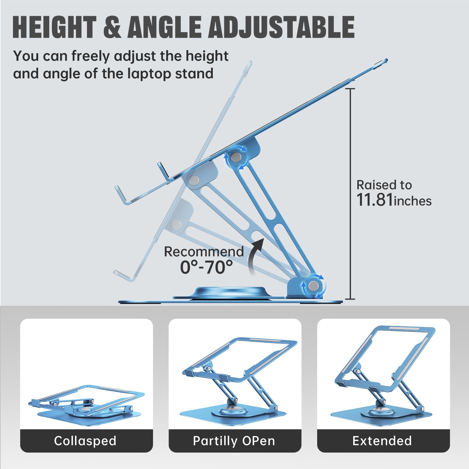 Laptop Stand for Desk, Adjustable Computer Stand with 360° Rotating Base, Ergonomic Laptop Riser for Collaborative Work, Foldable & Portable Laptop Stand, fits for All 10-16" Laptops