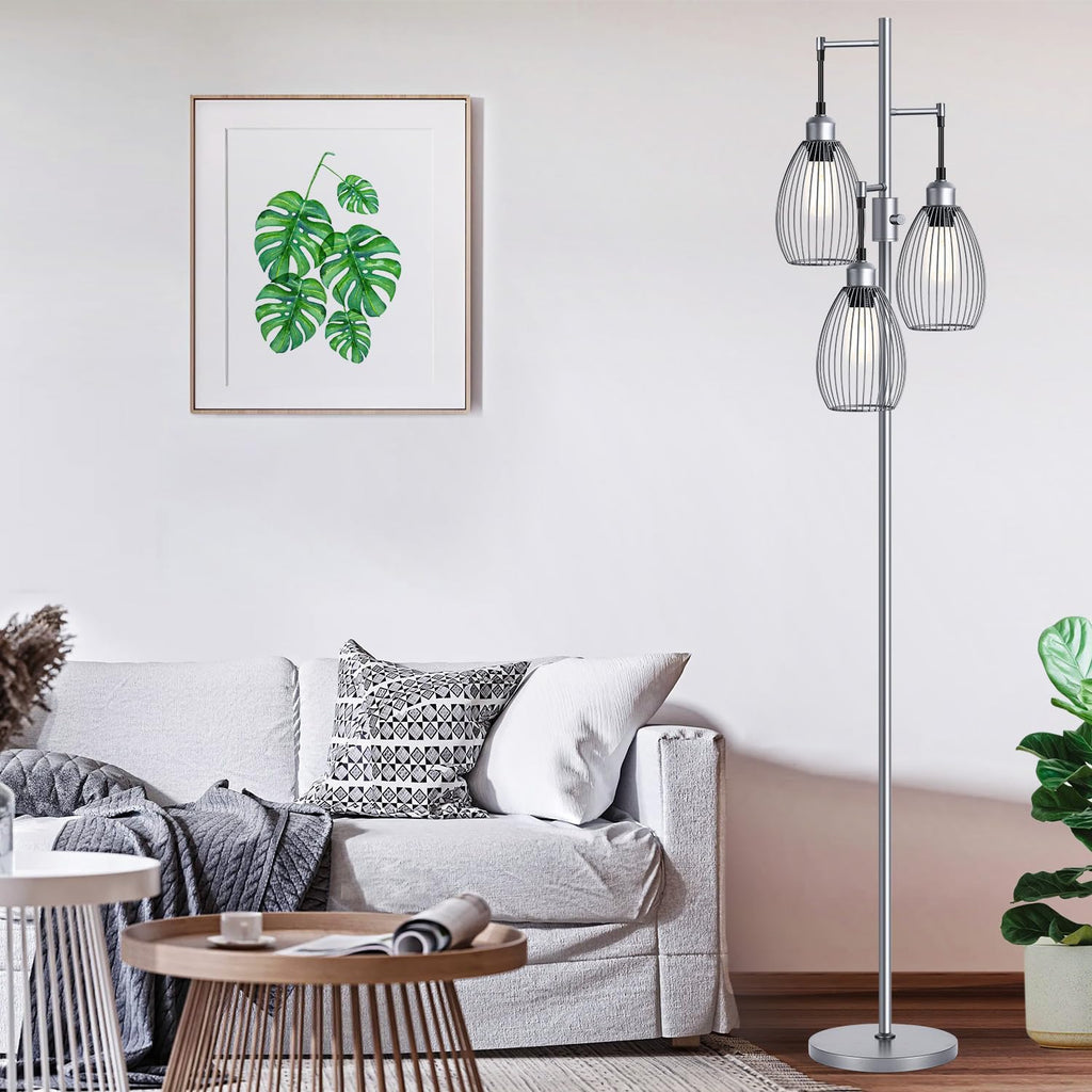 Floor Lamp, 3 x 800LM LED Edison Bulbs Included, Industrial Floor Lamp Standing Tree Lamp with Elegant Teardrop Cage Heads Tall Lamps for Living Room Bedroom-Grey
