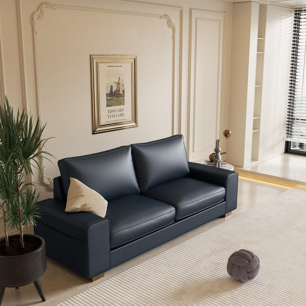 Faux Leather Couch, Mid Century Modern Comfy Loveseat Sofa with Wide Arm, Side Pockets, Solid Wooden Frame for Office, Living Room and Bedroom, 3 Seater (Blue, 88.58 inches)