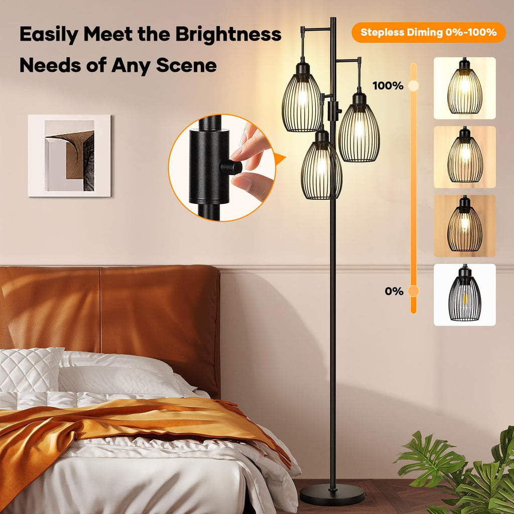 Floor Lamp, 3 x 800LM LED Edison Bulbs Included, Farmhouse Industrial Floor Lamp Standing Tree Lamp with Elegant Teardrop Cage Tall Lamps for Living Room Bedroom Office Dining Room-Black