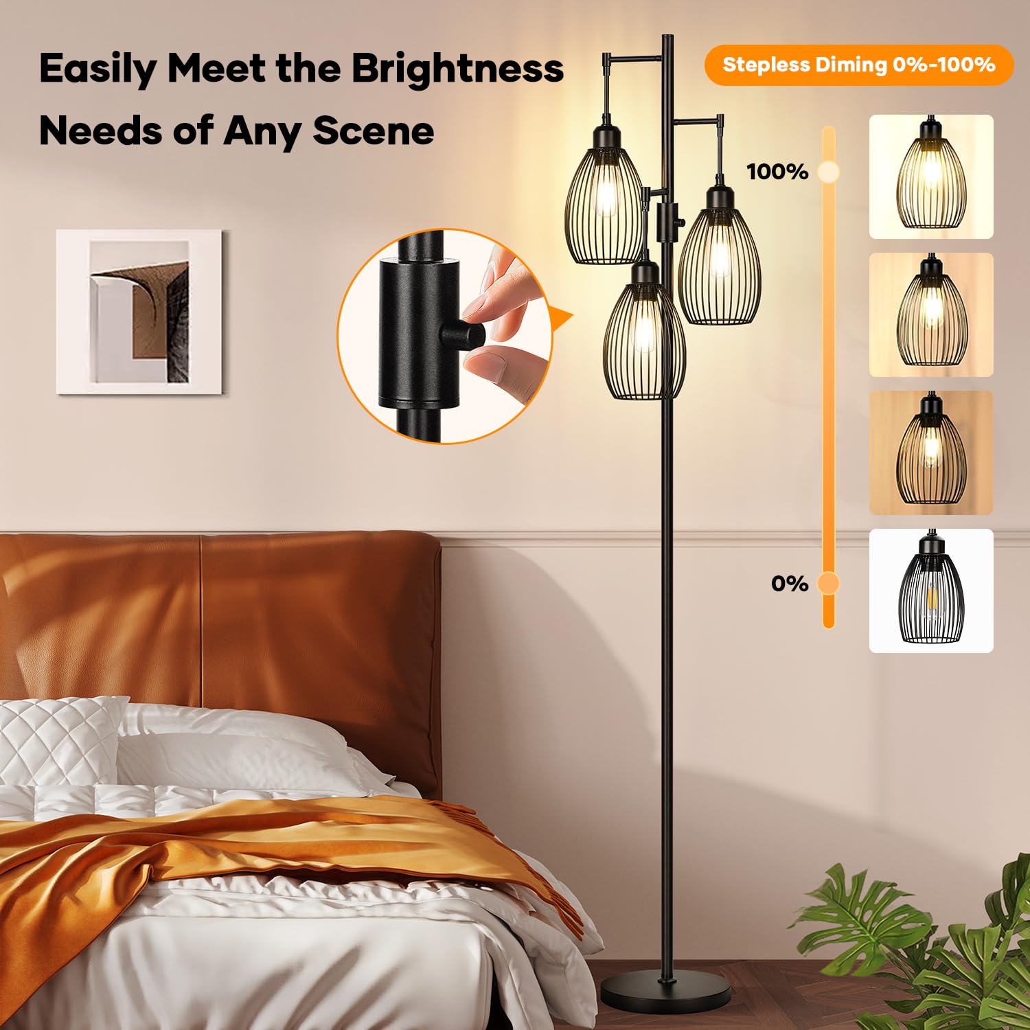 Floor Lamp, 3 x 800LM LED Edison Bulbs Included, Farmhouse Industrial Floor Lamp Standing Tree Lamp with Elegant Teardrop Cage Tall Lamps for Living Room Bedroom Office Dining Room-Black