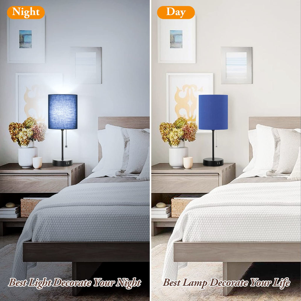 Bedside Table Lamps Set of 2 with USB Charging Ports and AC Outlet, Blue