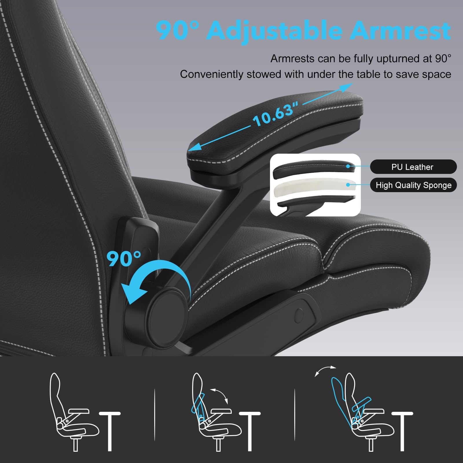 ralex-chair Big and Tall Office Chair, 500lbs for Heavy People, High Back Leather Executive Desk Chair with Flip-up Armrests and Adjustable Height (Black)