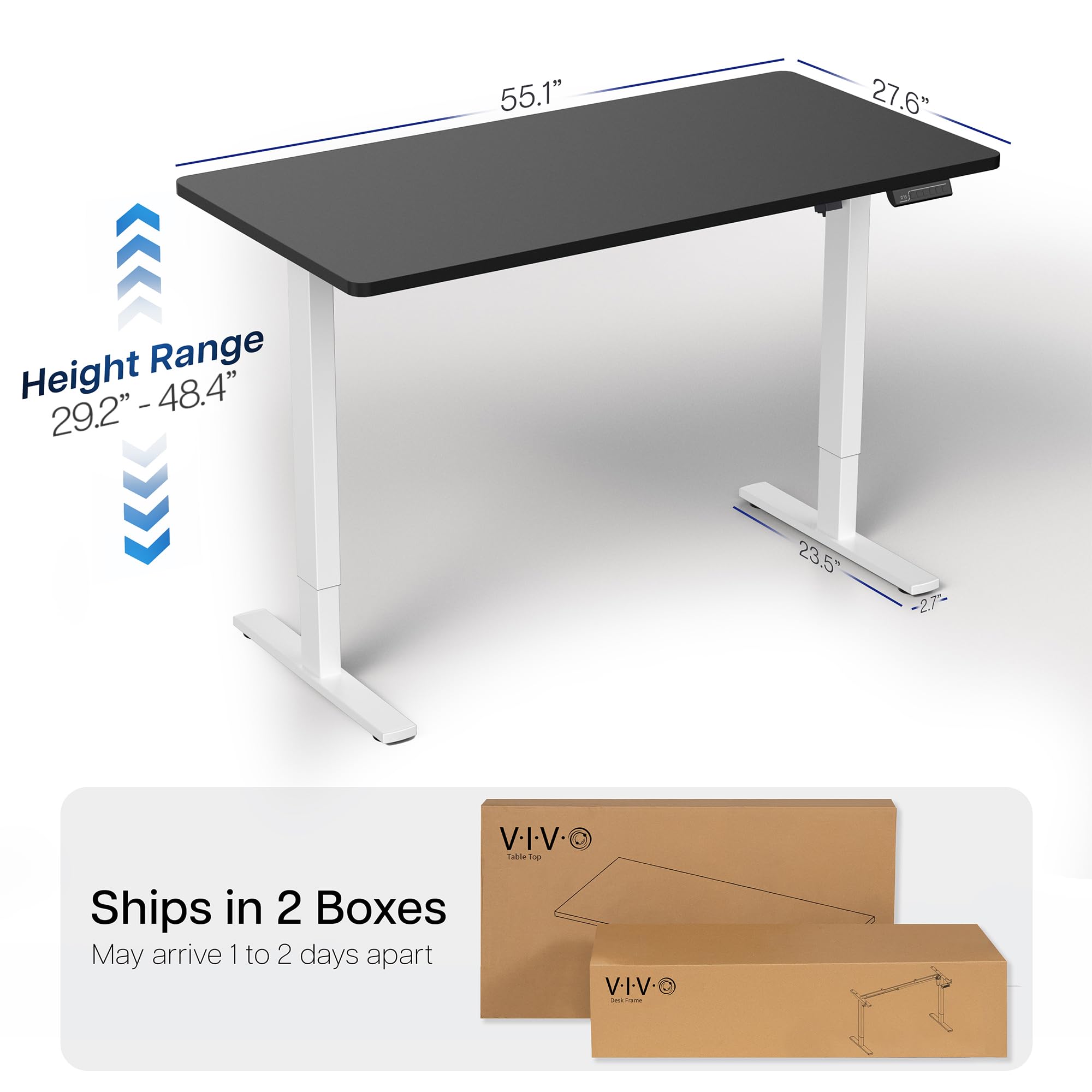 Electric 55 x 28 in Standing Desk, Memory Height Adjustment, 1B Series, Holds 220 lbs, One-Piece Black Top, White Frame