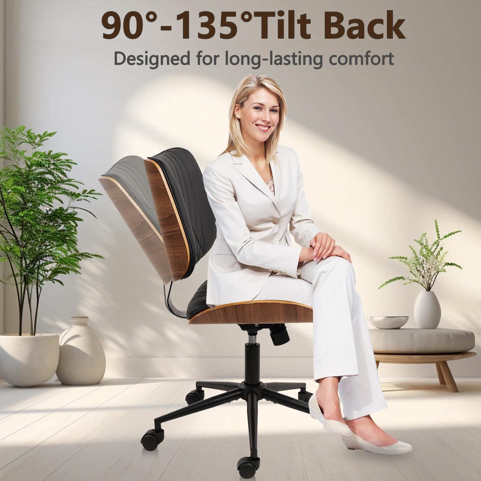 4Pack, Armless Home Office Chair, Desk Chair with Wheels, Adjustable Height Reading Chair, Leather Mid Back & Swivel Computer, Modern Walnut Chairs with Back for Study Meeting Room(Black)