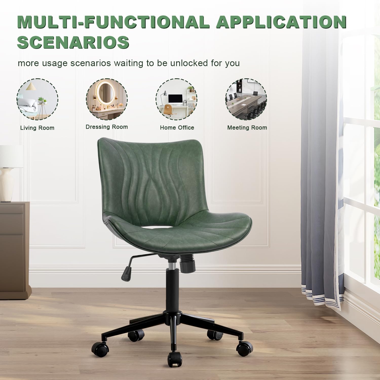 Armless Office Chair, Height Adjustable Desk Chair with Wheels, Ergonomic Comfy 360° Swivel Home Office Computer Task Chair, Faux Leather Padded Cute Vanity Chair,Green