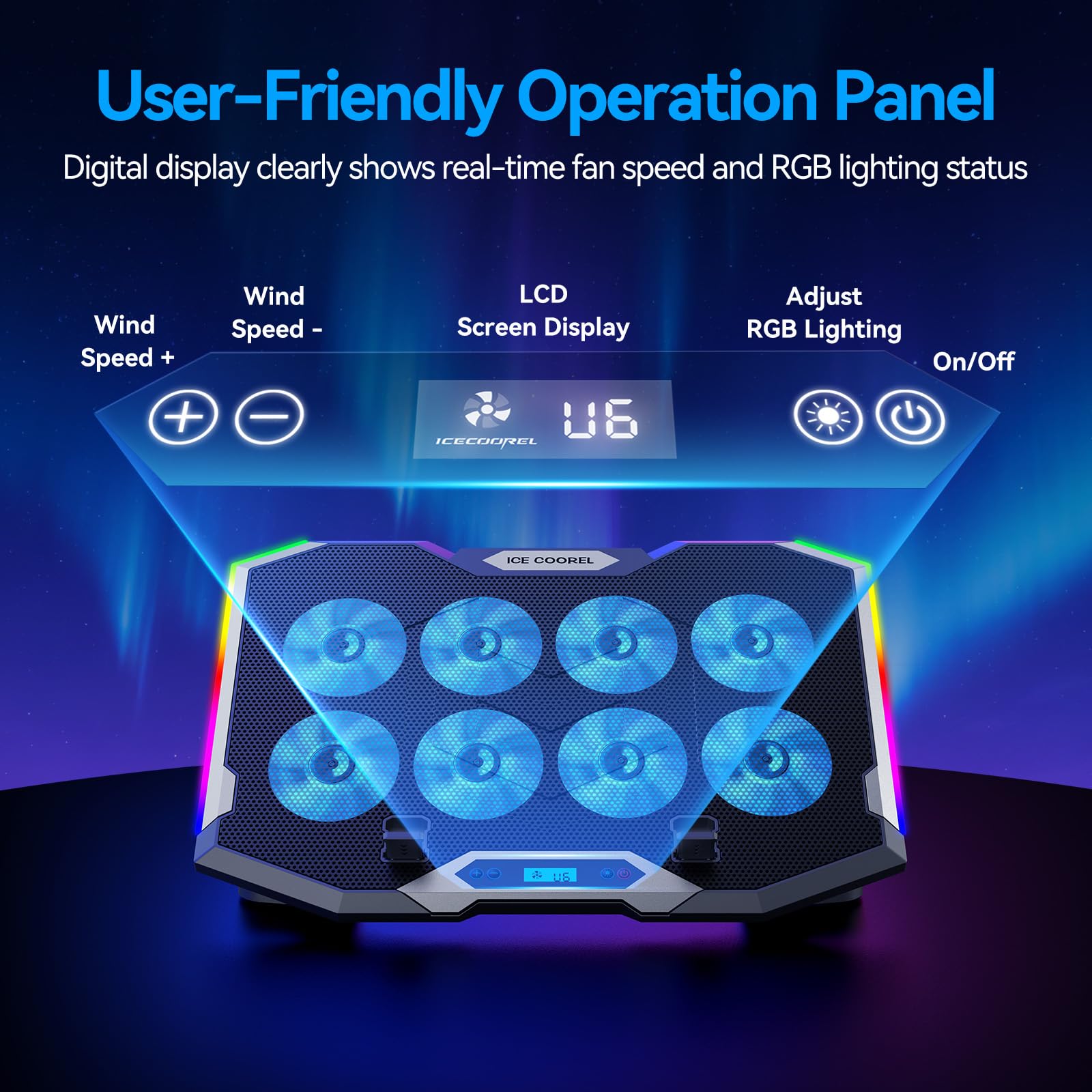 Laptop Cooling Pad with 8 Cooling Fans, Laptop Fan Cooler Pad for 15-17.3 Inch, Notebook Cooler Stand with 6 Height Adjustable, RGB Cooling Pad with Two USB Port + Phone Stand