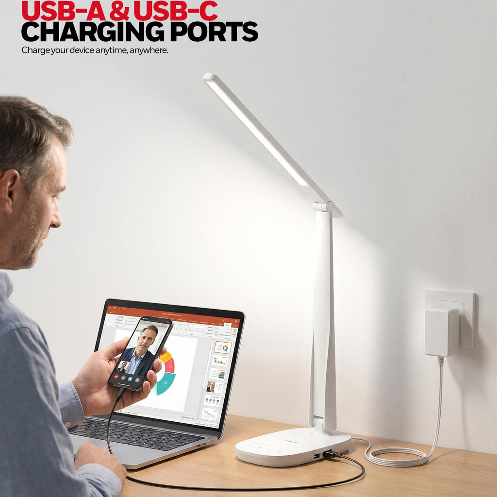 LED Desk Lamp for Home Office, Eye-Caring Dimmable Reading Light with 4 Color Modes, Touch Control, USB-A & USB-C Charging Ports, Adjustable Head, Timer for Bedroom & Small Desks