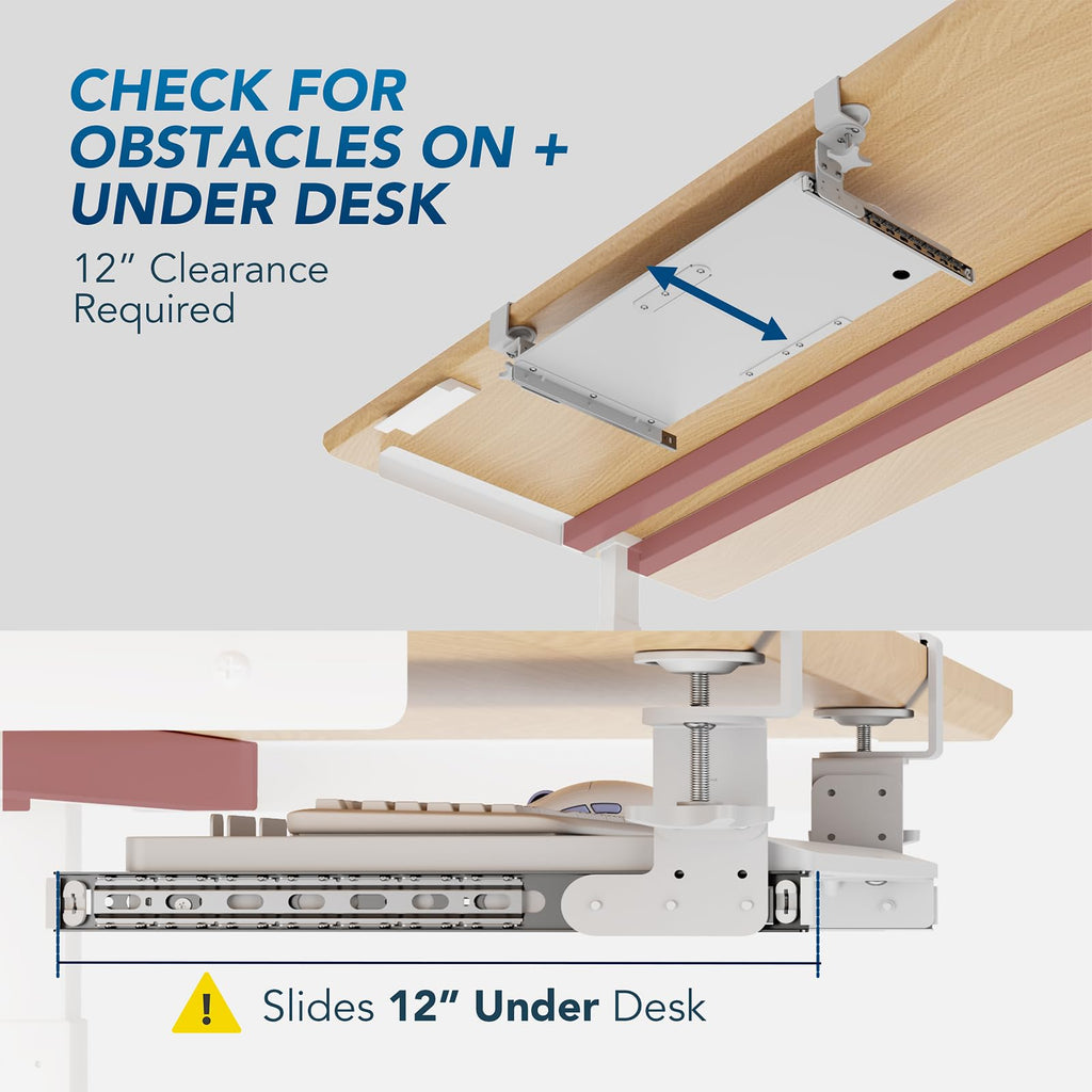 Keyboard Tray Under Desk Pull Out with Extra Sturdy C Clamp Mount System, 27.3 (32.5 inch Including Clamps) x 11 Inch Slide-Out Platform Computer Drawer for Typing White