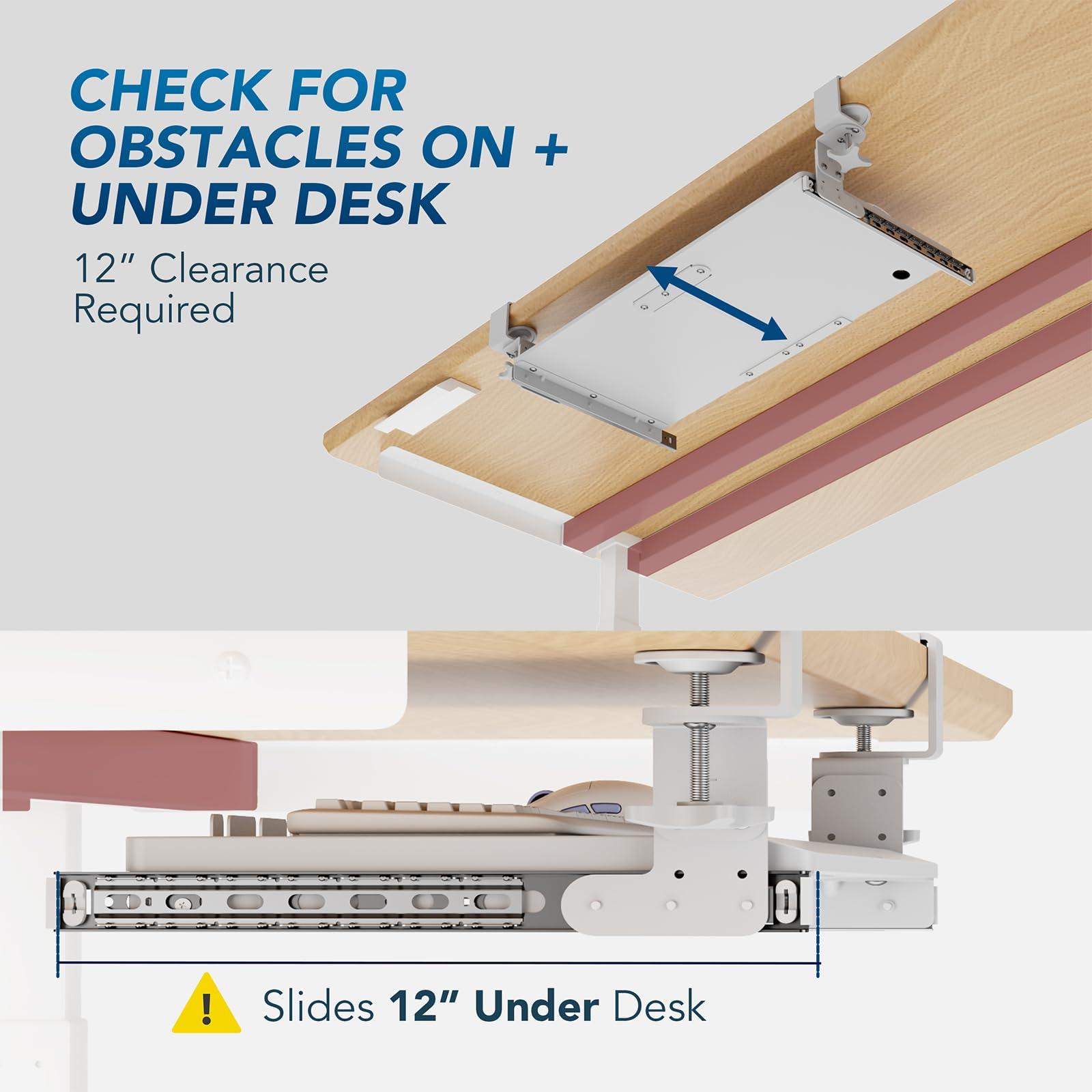 Keyboard Tray Under Desk Pull Out with Extra Sturdy C Clamp Mount System, 27.3 (32.5 inch Including Clamps) x 11 Inch Slide-Out Platform Computer Drawer for Typing White