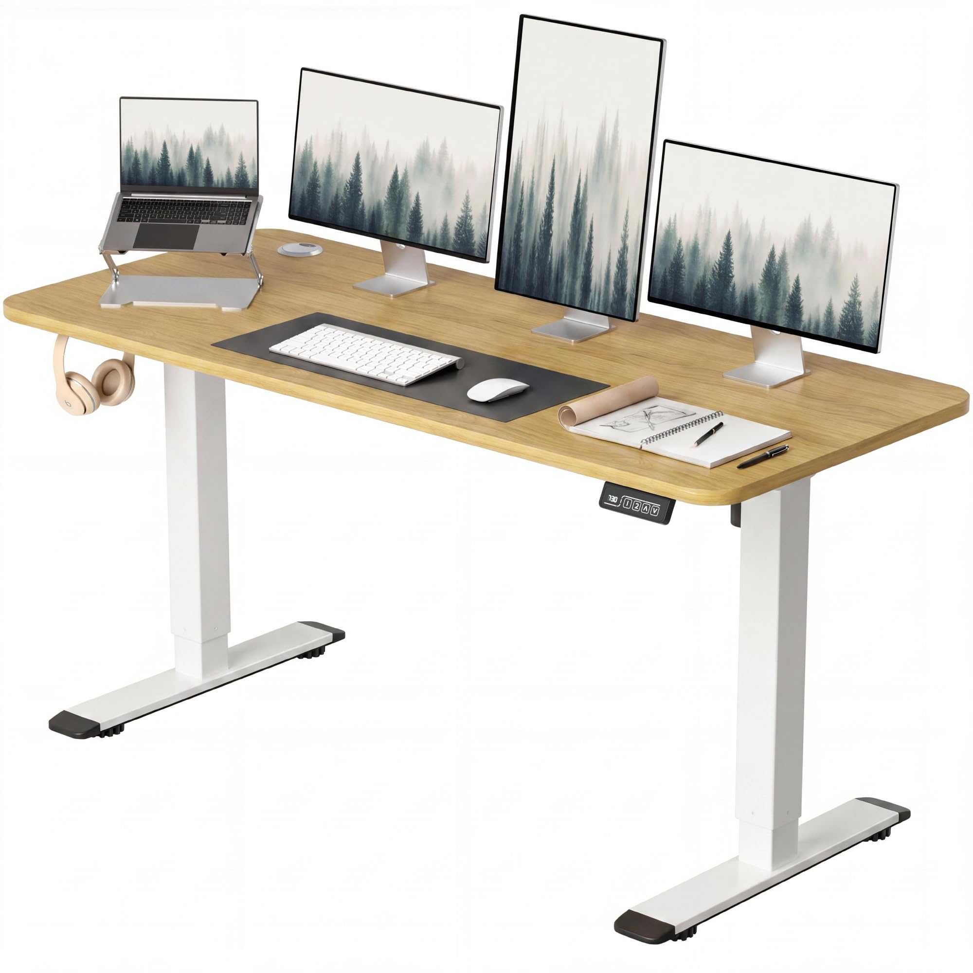 Electric Height Adjustable Standing Desk Large 55 x 24 Inches Sit Stand up Desk Home Office Computer Desk Memory Preset with T-Shaped Metal Bracket, Light Wood