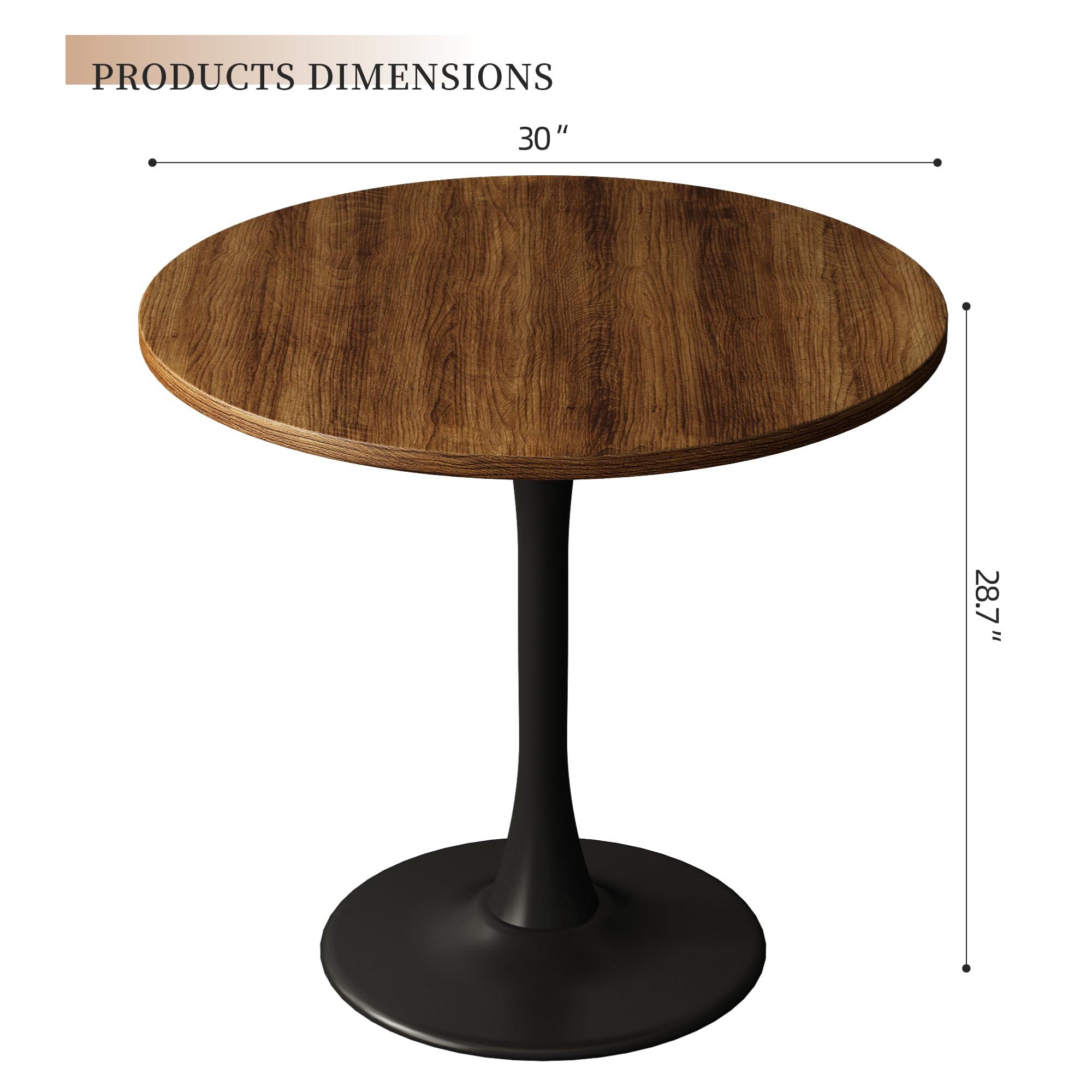 Kasinali Round Dining Table 30" Circle Tulip Table with Wood Thickened Tabletop & Sturdy Metal Pedestal Mid Century Modern Farmhouse Kitchen Tables for 4 Small Places Living Room Cafe,Somber Walnut