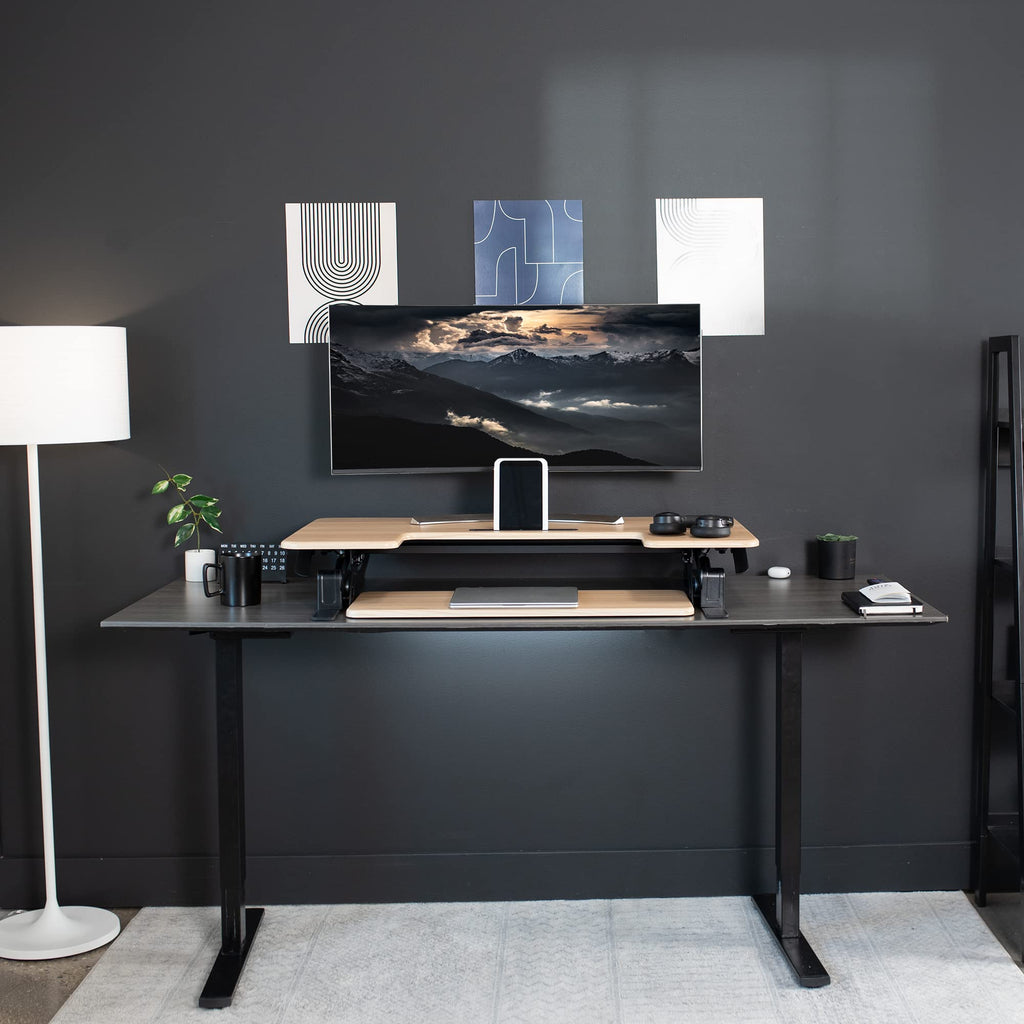 42 inch Height Adjustable Stand Up Desk Converter, V Series, Quick Sit to Stand Tabletop Dual Monitor Riser Workstation, Light Wood Top, Black Frame, DESK-V000VLO