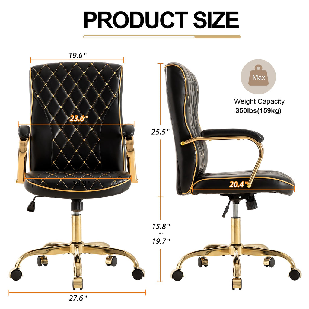Black and Gold Office Desk Chair,Conference Room Chairs,Mid Back Vintage Executive Leather Chair,Ergonomic Computer Swivel Chair with Rocking Function and Padded Arms,Adjustable Height