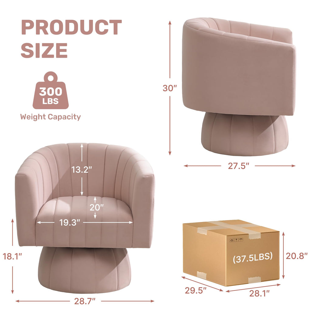 Swivel Accent Barrel Chair, Cute Comfy Small Round 360° Arm Chair. Velvet Sofa Club Reading Chair for Office Living Room Bedroom Pink