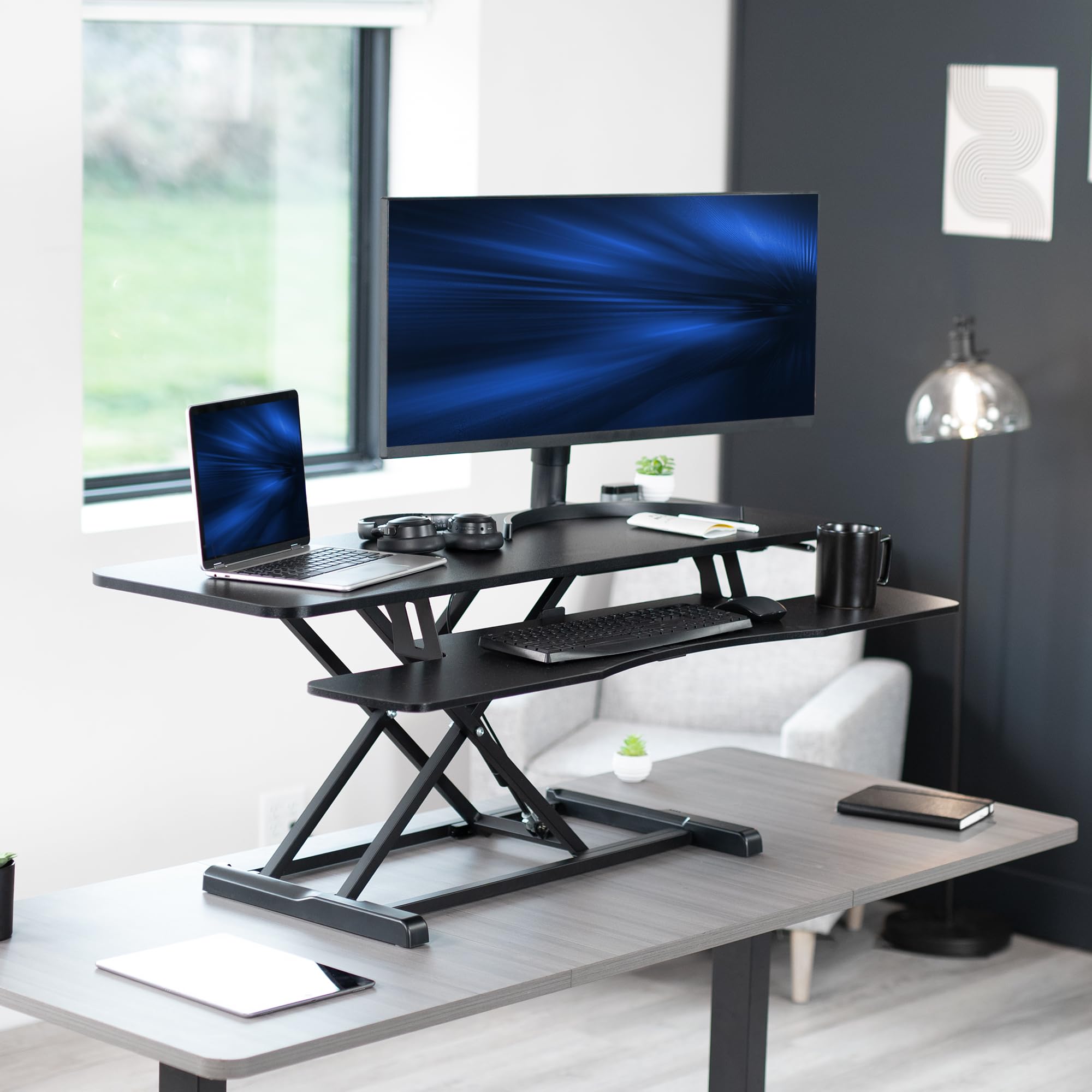 48 inch Desk Converter, K Series, Height Adjustable Sit to Stand Riser, Dual Monitor and Laptop Workstation with Wide Keyboard Tray, Black, DESK-V048KB