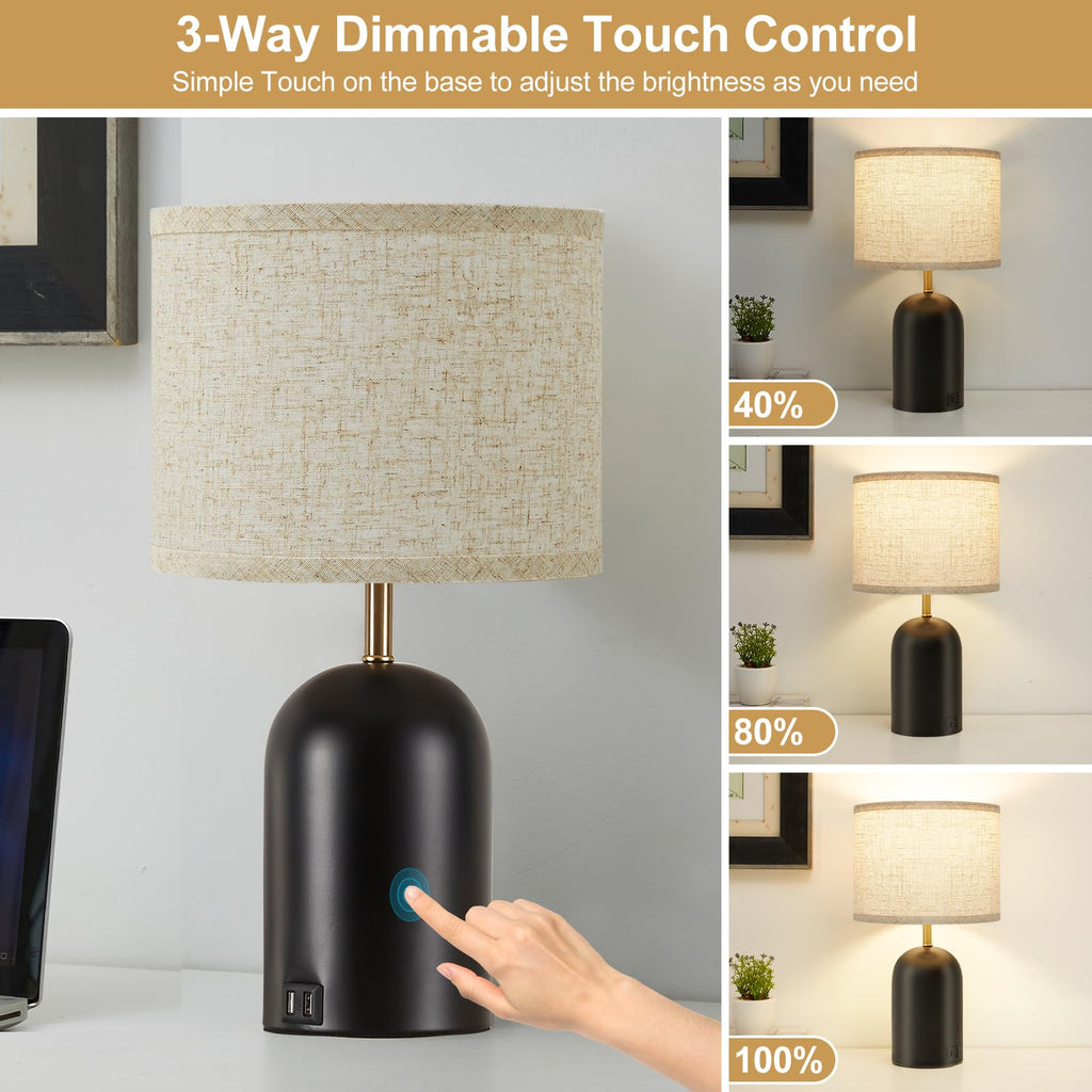 Touch Control Table Lamps Set of 2, Black Bedside Lamps for Bedroom