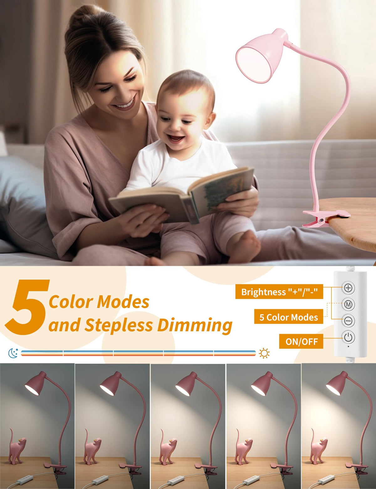 Cute Desk Lamp with Clamp Clip on Light, 5 Color 10 Brightness, Pink