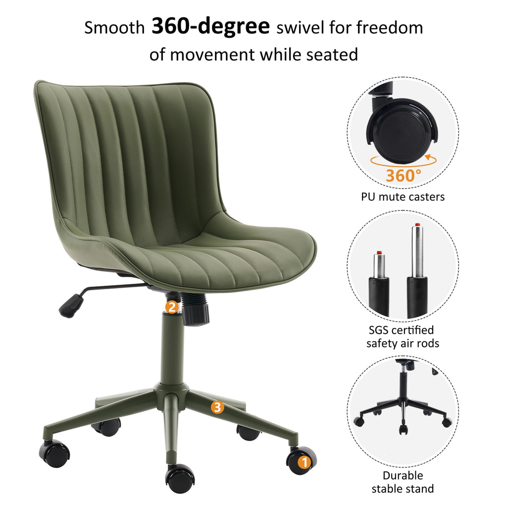 Home Office Desk Chair with Wheels Armless Vanity Chair with Back Comfy Modern Leather Upholstered Rolling Task Chair Swivel Small Cute Sewing Chair No Arms Wide Adjustable Sage Green