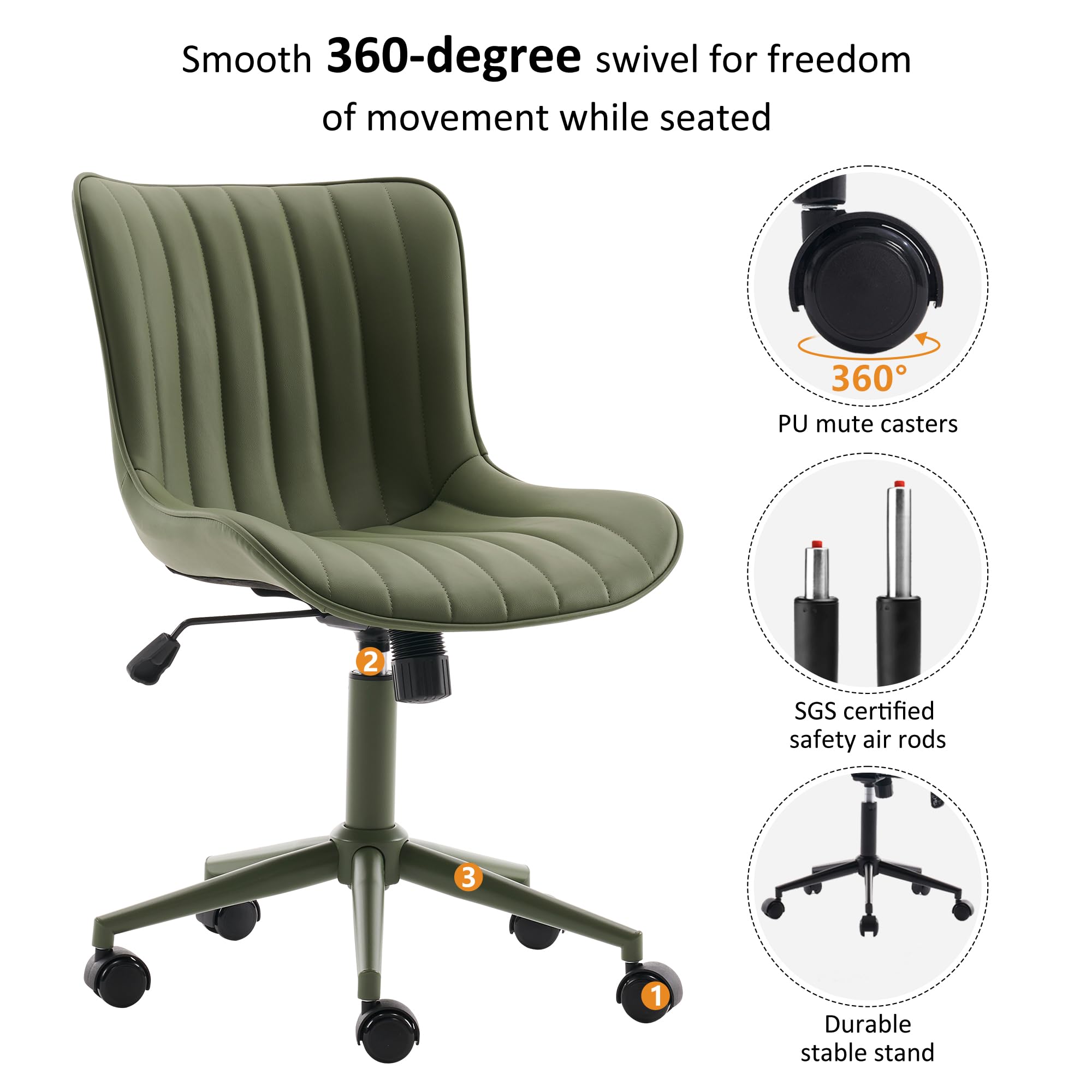 Home Office Desk Chair with Wheels Armless Vanity Chair with Back Comfy Modern Leather Upholstered Rolling Task Chair Swivel Small Cute Sewing Chair No Arms Wide Adjustable Sage Green