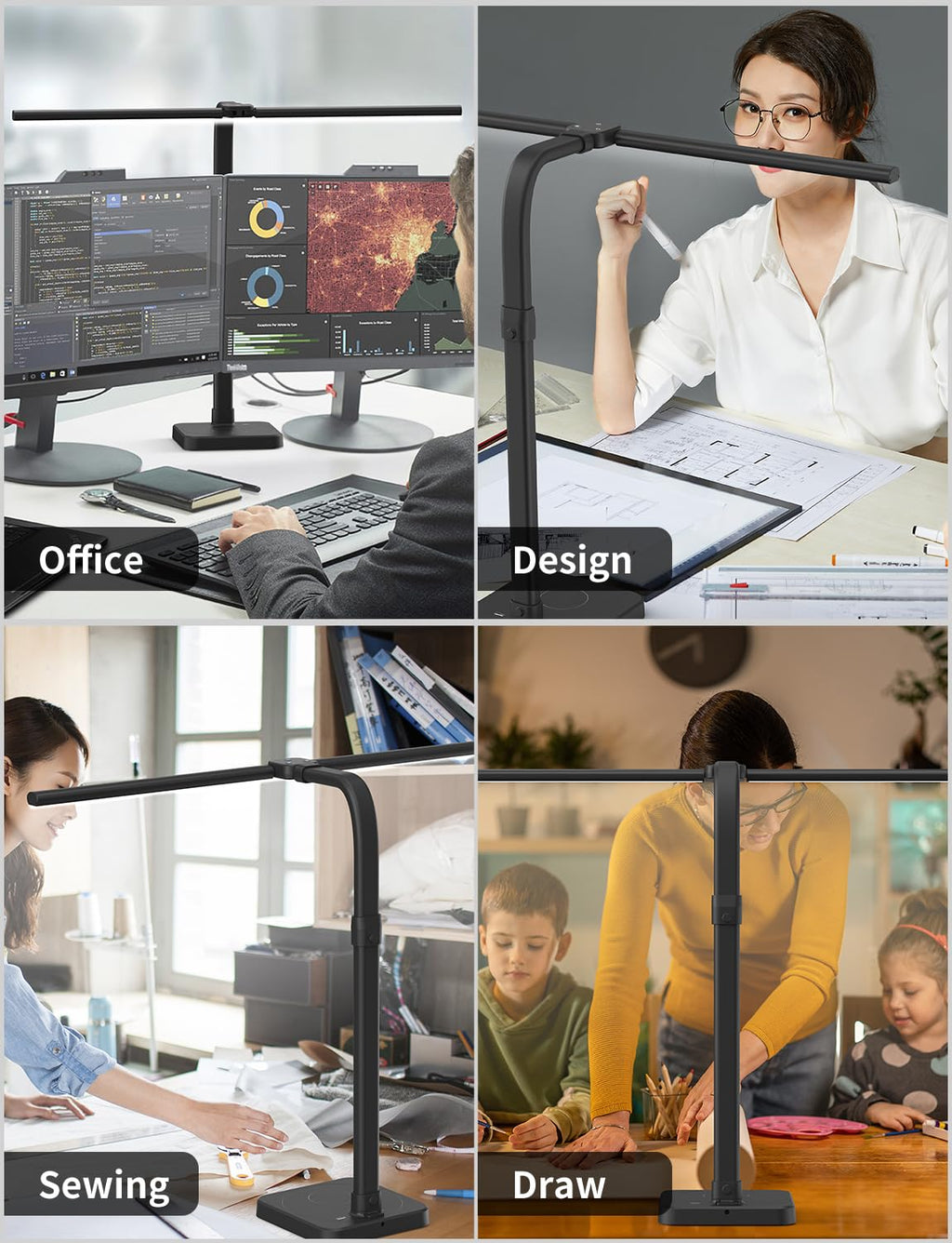 LED Desk Lamp for Office, Double Head 24W with Base, Architect Light 5 Lighting Brightness Flexible Gooseneck Table Reading Study, Black