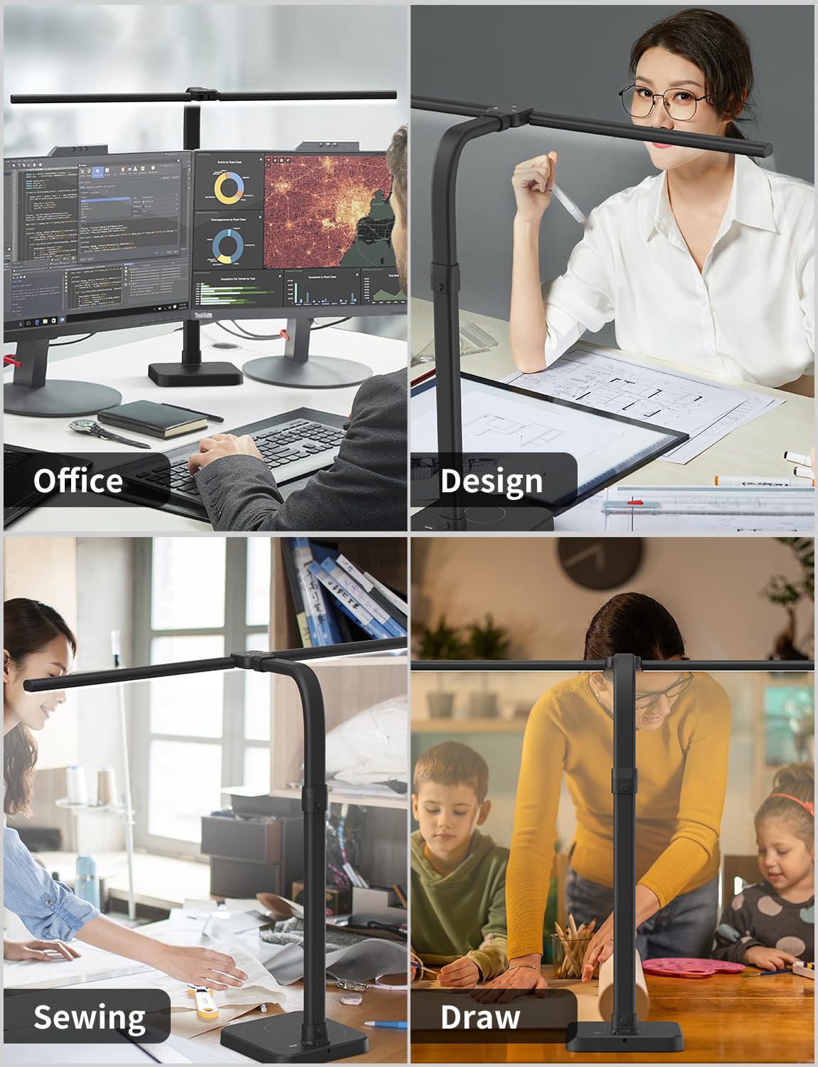 LED Desk Lamp for Office, Double Head 24W with Base, Architect Light 5 Lighting Brightness Flexible Gooseneck Table Reading Study, Black