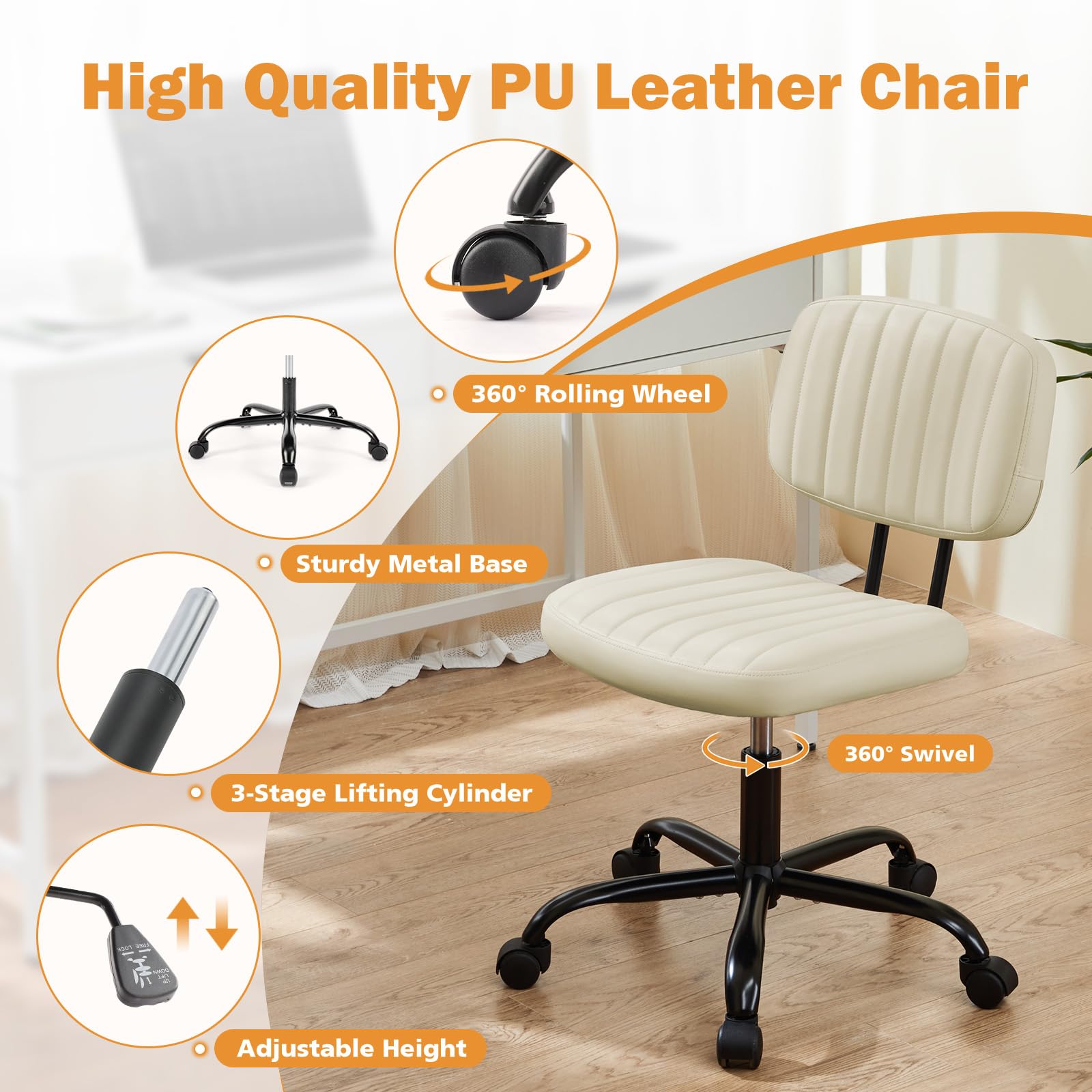 Small Office Desk Chair - Armless PU Leather with Comfy Lumbar Support, Height Adjustable Rolling Swivel Task for No Arms, for Adult, Student, Bedroom, Home, Vanity, Beige White