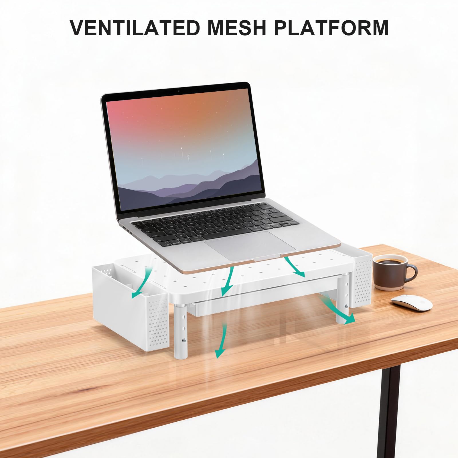 Computer Monitor Stand with Storage, Desk Organizer with Drawer and Pen Holder, Desk Monitor Riser 3 Height Adjustable, Laptop Riser for Computer, Laptop, Printer(PTT003-W), 1 Pack, White