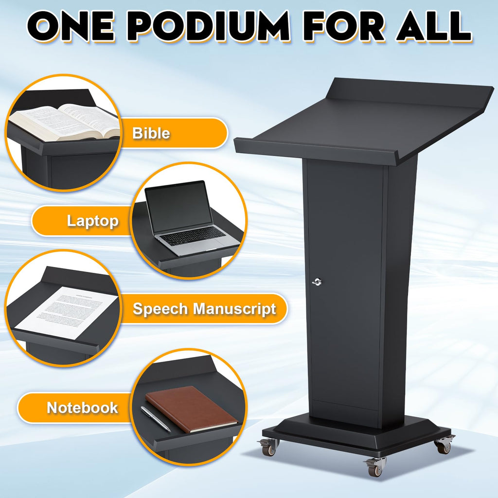 Ultral 45.3IN Podium Lectern with Wheels, Iron Pulpit for Churches Stand with Lockable Double-Layer Storage, Modern Metal Pulpits Lectern for Classroom, Conference, Presentation,Wedding
