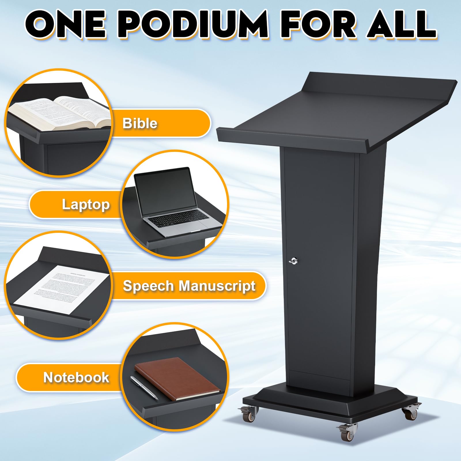 Ultral 45.3IN Podium Lectern with Wheels, Iron Pulpit for Churches Stand with Lockable Double-Layer Storage, Modern Metal Pulpits Lectern for Classroom, Conference, Presentation,Wedding