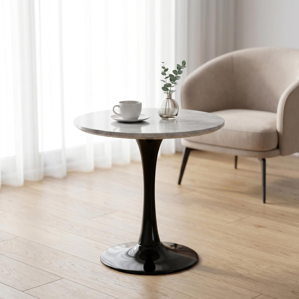 Sybrioka 27.6" Marble Round Tulip Table, Mid-Century Modern Style Dining Table with Black Pedestal Base for 2-4 People, Featuring A Marble Tabletop for Kitchen, Dining Room, Cafe (Light Grey)