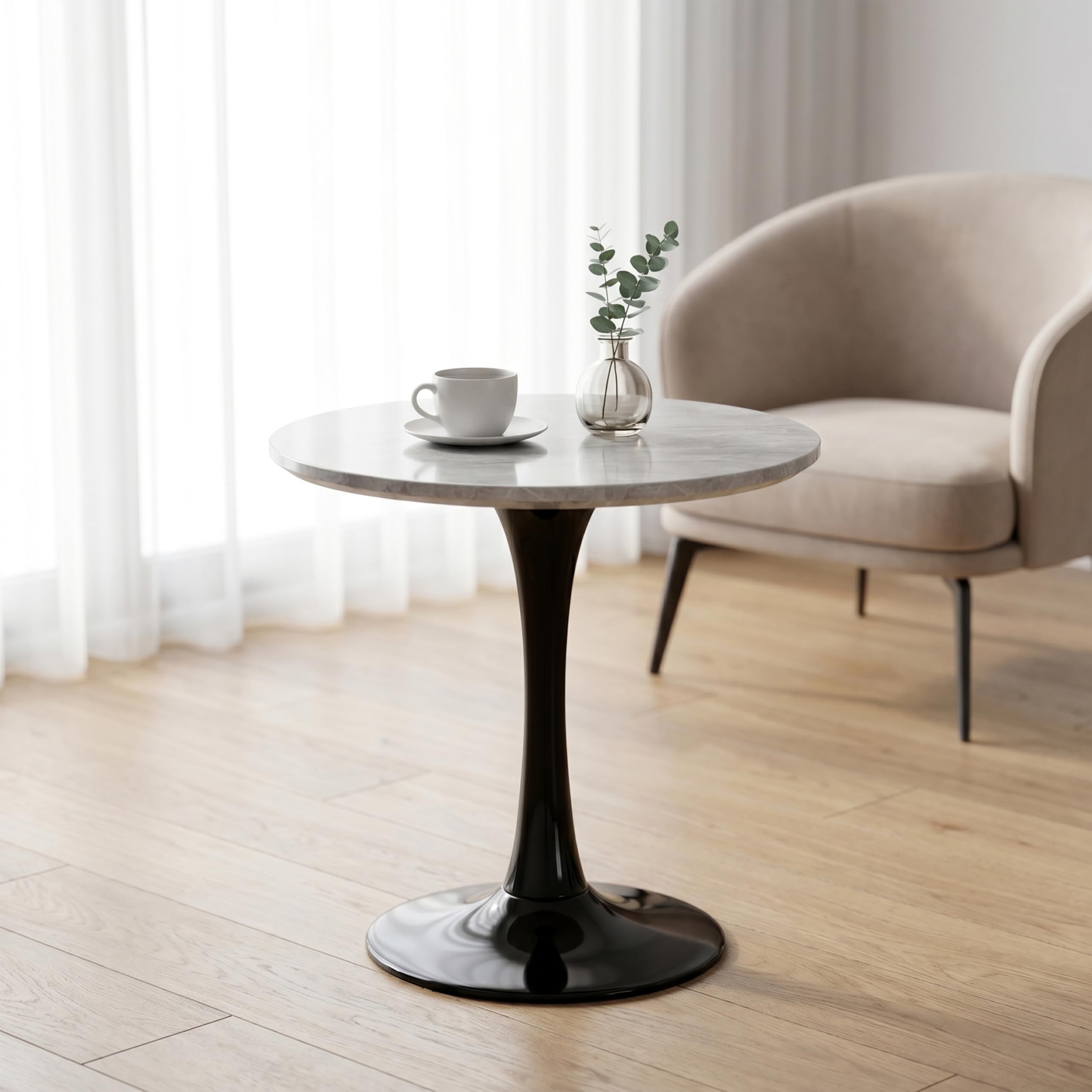 Sybrioka 27.6" Marble Round Tulip Table, Mid-Century Modern Style Dining Table with Black Pedestal Base for 2-4 People, Featuring A Marble Tabletop for Kitchen, Dining Room, Cafe (Light Grey)