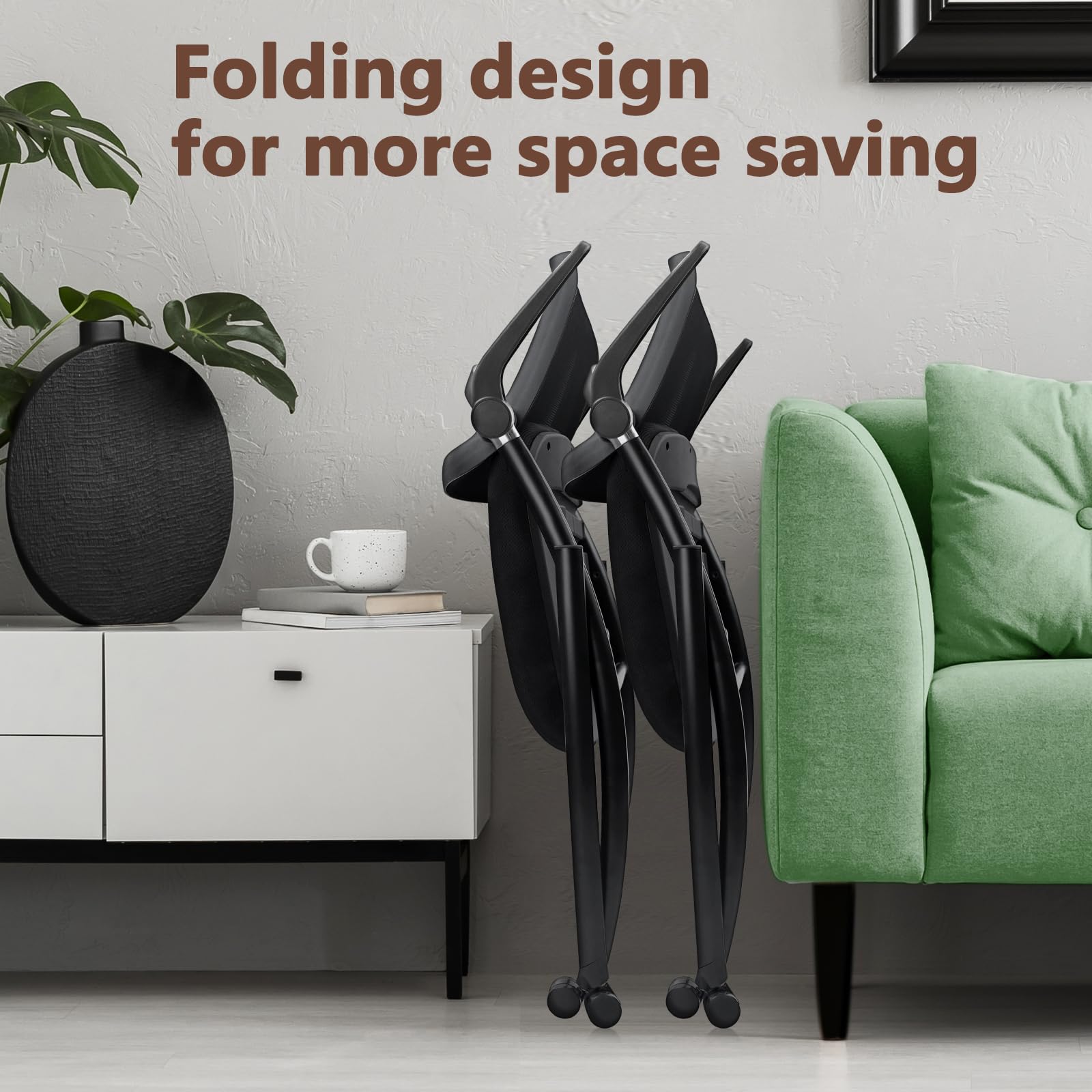 10 Pack, Stackable & Foldable Chairs with Flip Up Armrests, Reception Guest Chairs with Wheels, Ergonomic Curved Mesh Back Folding Chair for Office Meeting Schools Conference Waiting Room