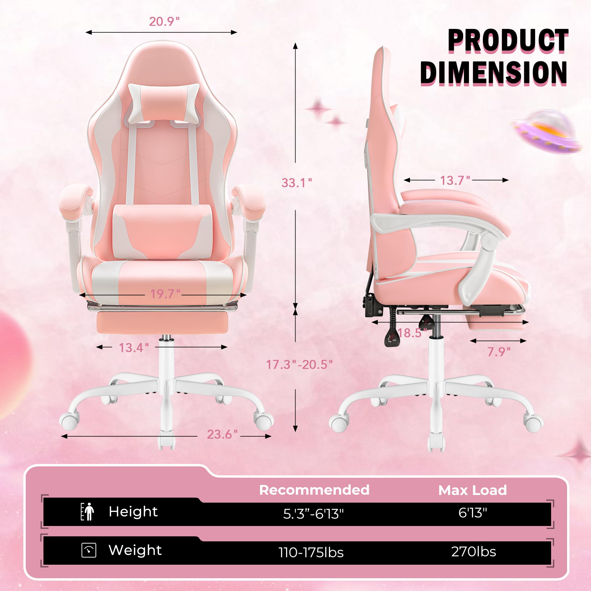 Gaming Chair, Video Game Chair with Footrest and Massage Lumbar Support, Ergonomic Computer Chair Height Adjustable with Swivel Seat and Headrest (Pink)