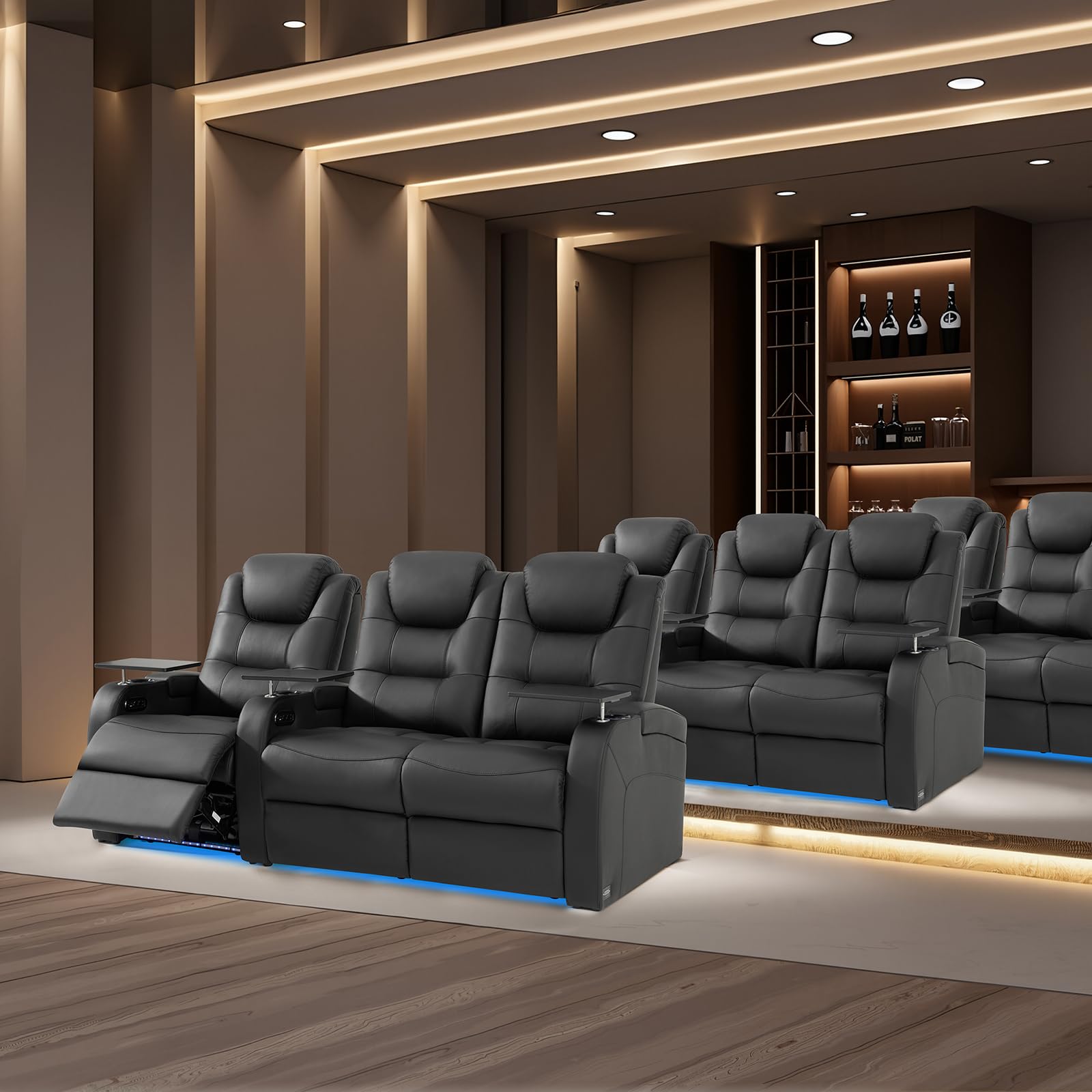 Home Theater Seating Simple Style Top Grain Leather Recliner Chair Dual Power Electric Headrest Movie Theater Chairs Gaming Sofa with Tray Table (Black, Row of 4 Loveseat Left)