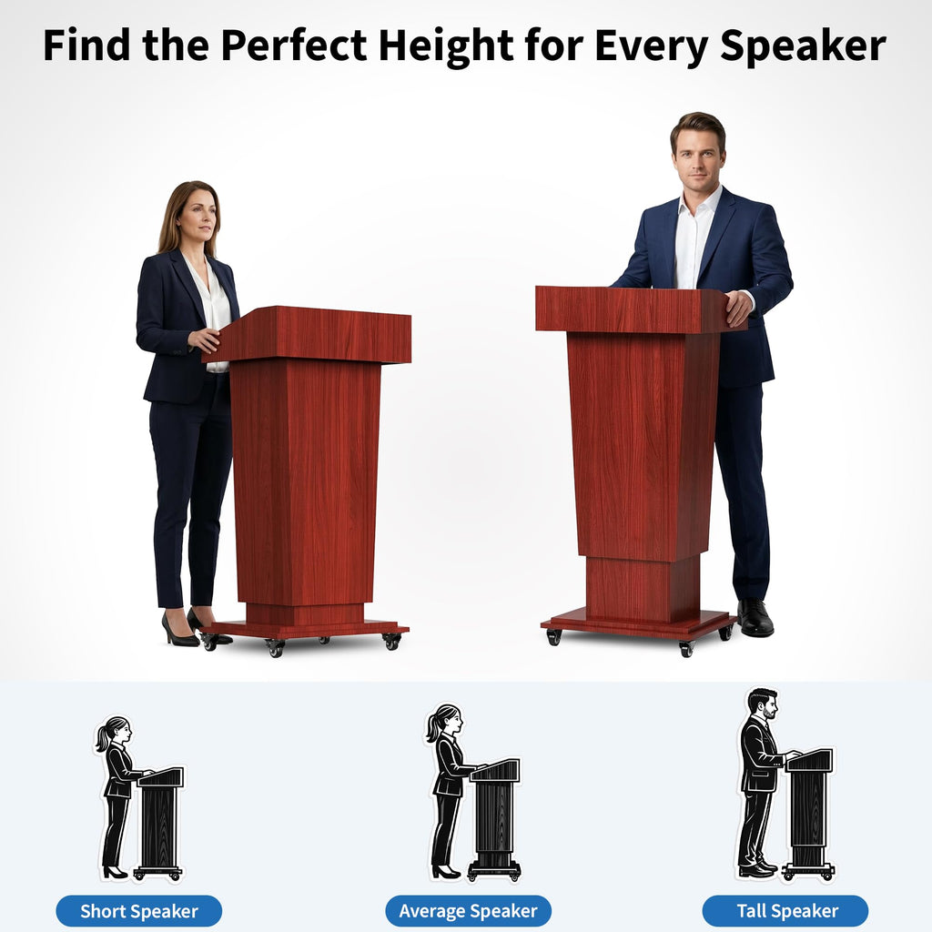Wooden Podium Stand with Wheels, 41”–54.5” Height Adjustable Lectern, Mobile Podium with Crank Lift, Stable Base & Storage Shelf, Elegant Pulpit for Churches, Schools, Seminars and Auditoriums