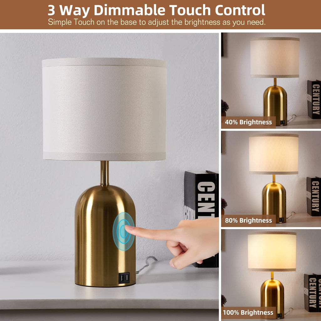 Touch Control Table Lamps Set of 2, Gold Bedside Lamps for Bedroom