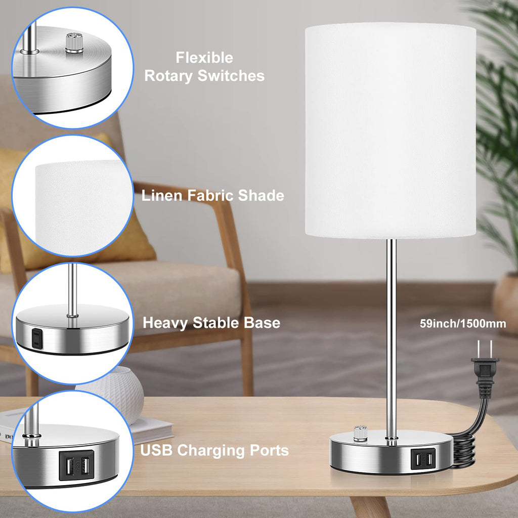 Set of 2 Table Lamps with USB Ports, White Bedside Lamps with AC Outlet