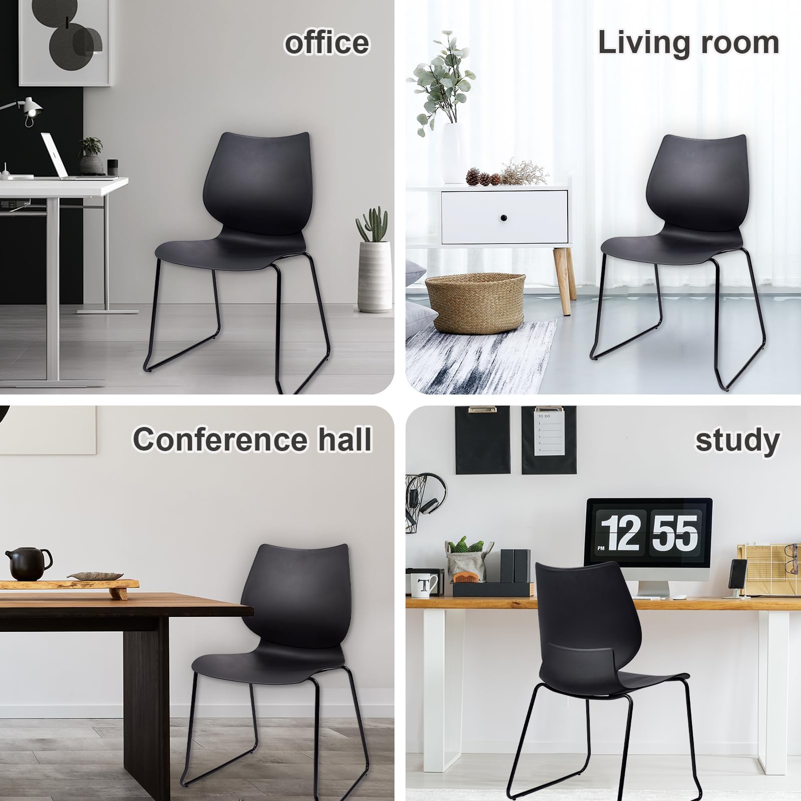 Set of 12, Stackable Waiting Room Chair, Stacking Office Chair with Ergonomic Lumbar Support and Metal Legs, Plastic Desk Chairs for Conference School Church Guest Reception , Black