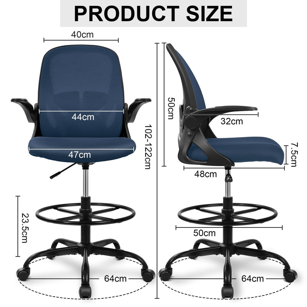 Drafting Chair Tall Office Chair with Flip-up Armrests Executive Ergonomic Computer Standing Desk Chair with Lumbar Support and Adjustable Footrest Ring (Navy)