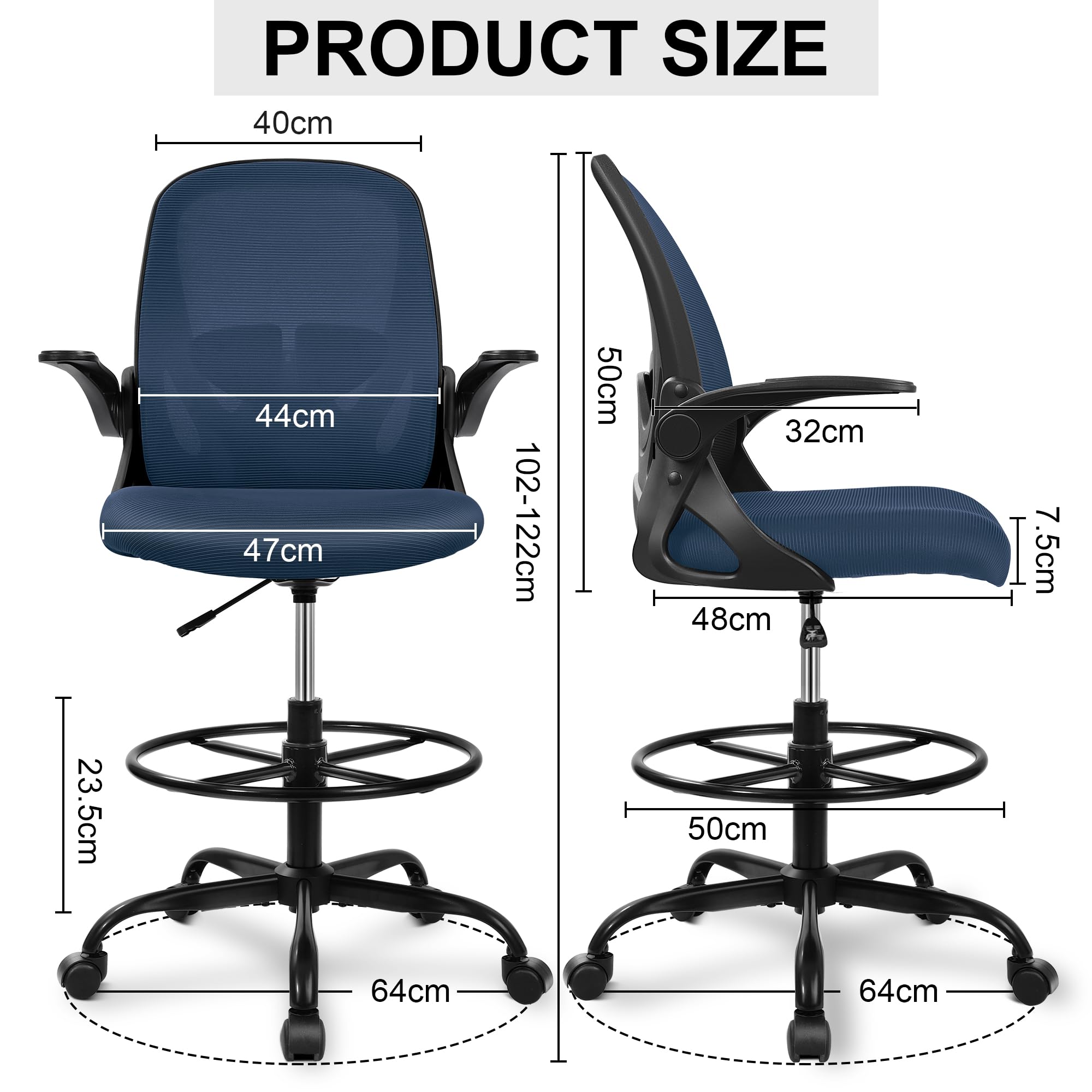 Drafting Chair Tall Office Chair with Flip-up Armrests Executive Ergonomic Computer Standing Desk Chair with Lumbar Support and Adjustable Footrest Ring (Navy)