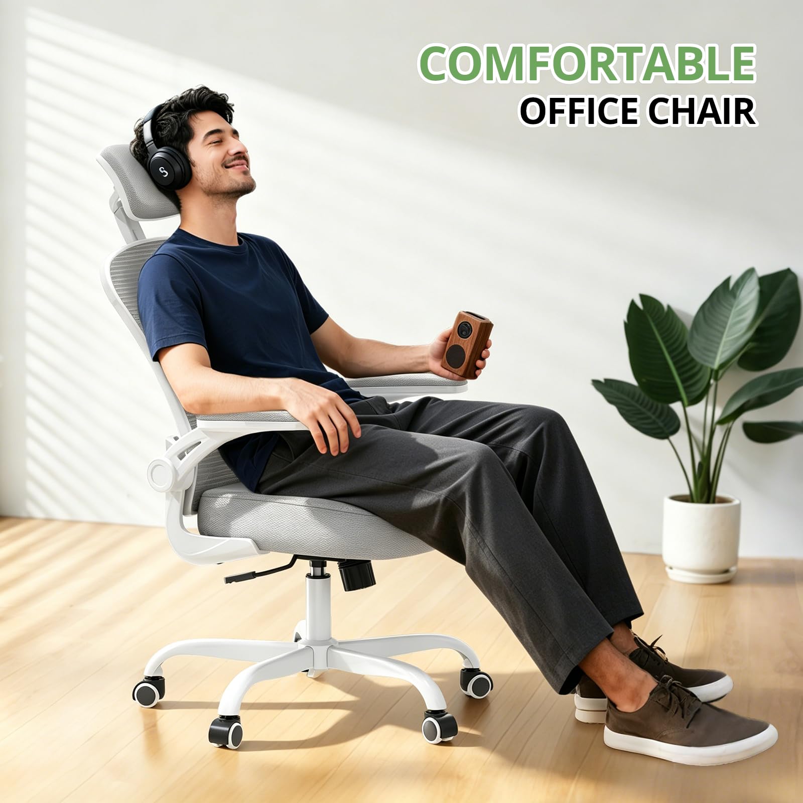 Office Chair Ergonomic Desk Chair, 330LBS Capacity, High Back Computer Design for Long Hours Comfort, Rolling Swivel for Home Office, Flip-up Armrests, White+Grey