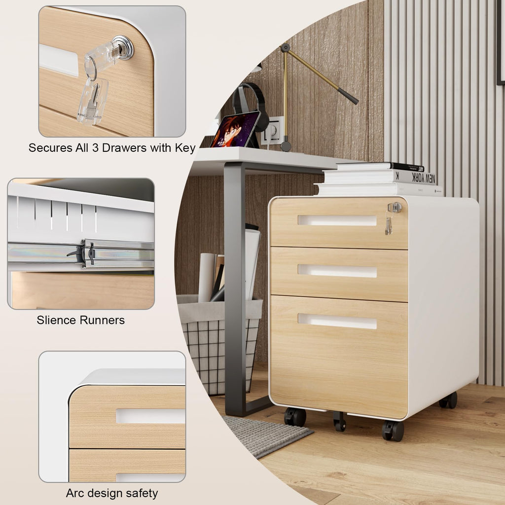 3 Drawer File Cabinet for Office, Under Desk Mobile Filing Cabinet with Lock for A4/Letter/Legal Size, 5 Wheel Anti-tilt Rolling File Cabinets, Fully Assembled