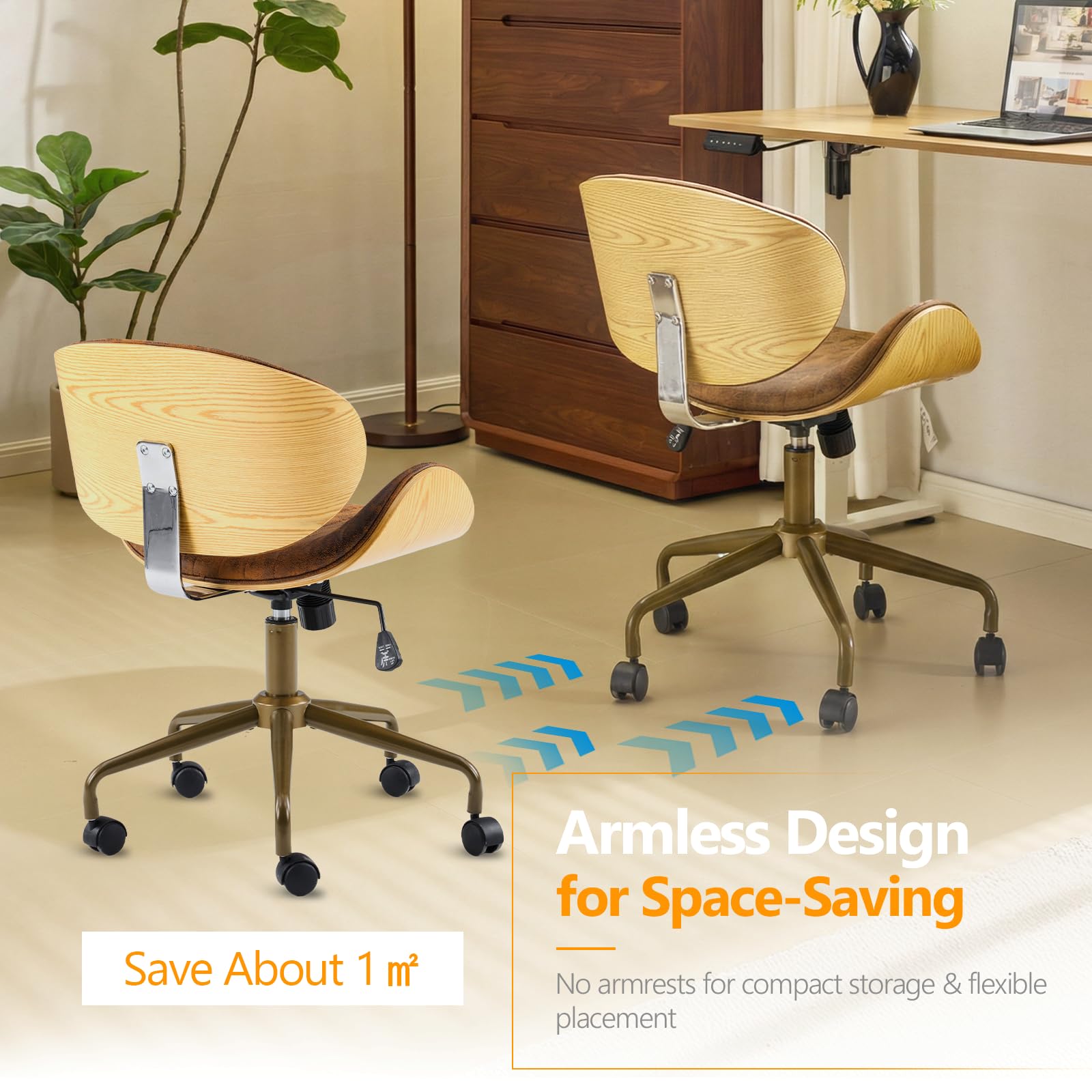 Wide Comfotable Swivel Home Office Chair with Wood-Grain Curved Shell,Ergomomic Mid-Back Padded Armless Modern Desk Chair with Wheels,Height Adjustable for Computer,Task,Work,Microfiber,Rustic