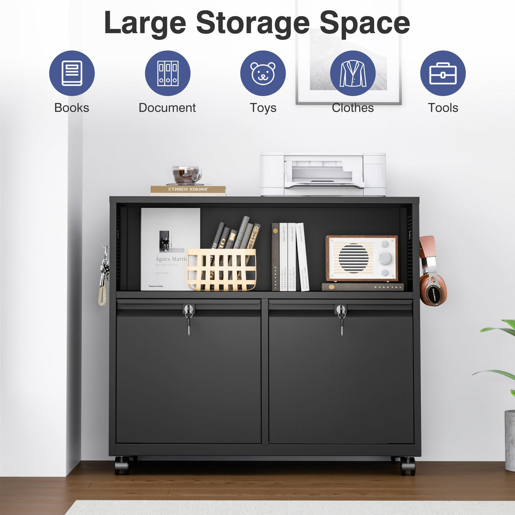 Metal File Cabinet,2 Drawer Filing Cabinet with Lock,Rolling Printer Stand Storage Cabinets with Shelves for Home Office Letter/Legal/A4 Size Files(Black)