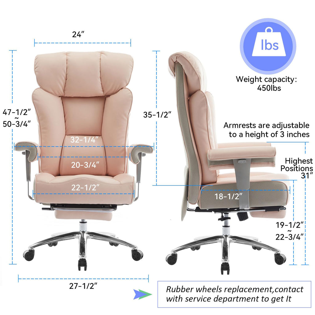 Big & Tall Pink Executive Office Chair 400lbs, Extra Wide 23.2" PU Leather Desk Chair for Women with Footrest, Pocket Spring & Adjustable Arms for Home Office