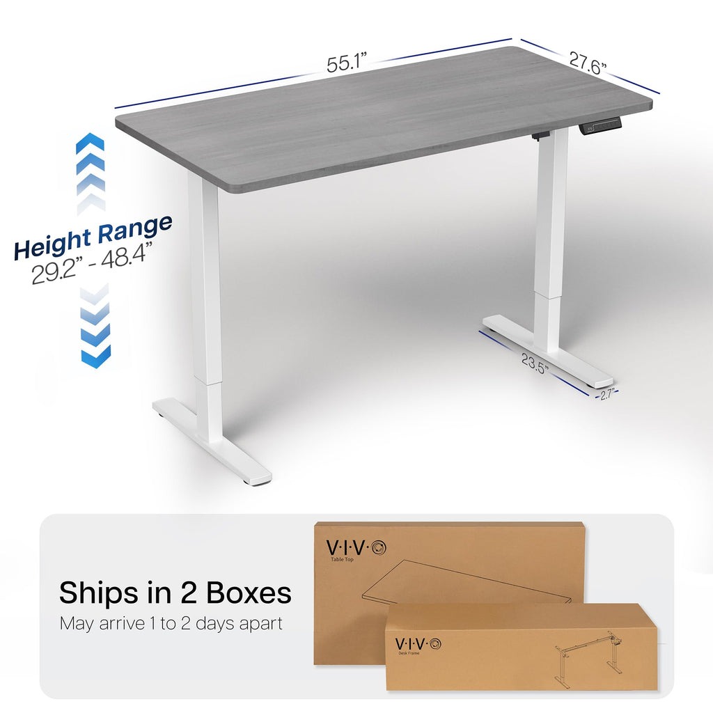 Electric 55 x 28 in Standing Desk, Memory Height Adjustment, 1B Series, Holds 220 lbs, One-Piece Dark Gray Top, White Frame