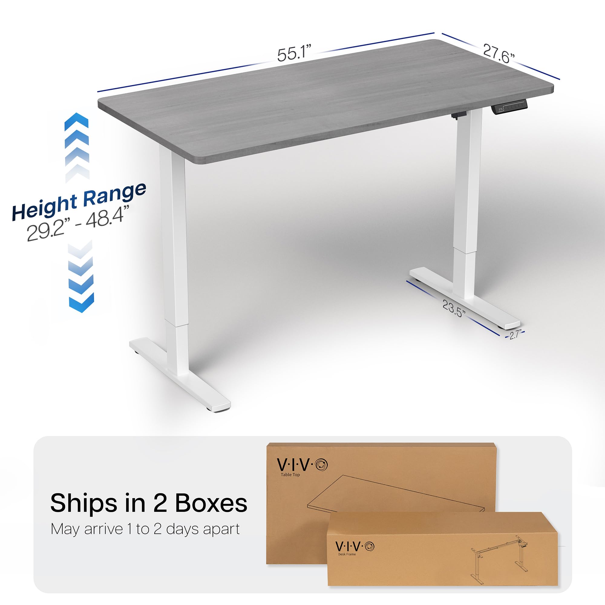 Electric 55 x 28 in Standing Desk, Memory Height Adjustment, 1B Series, Holds 220 lbs, One-Piece Dark Gray Top, White Frame