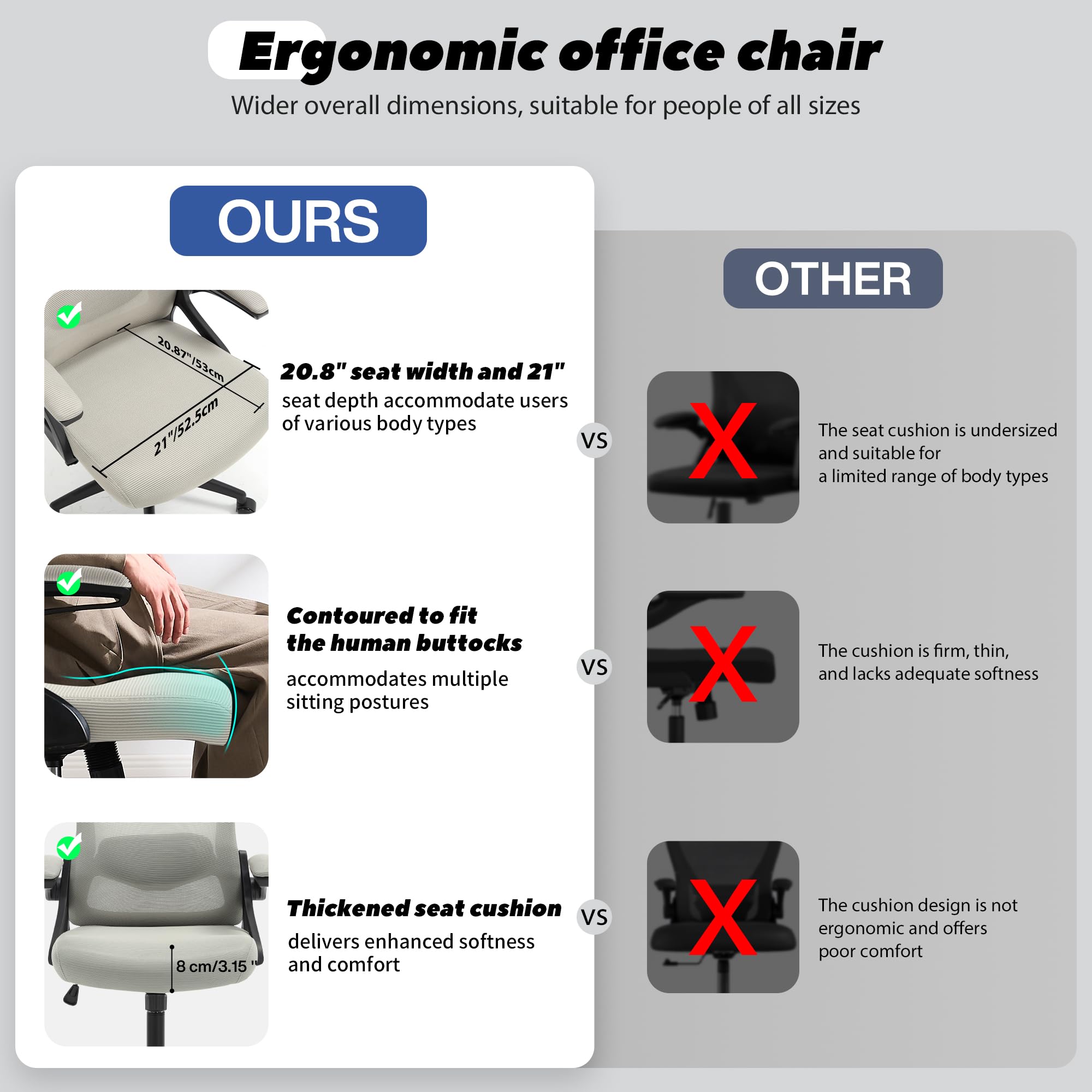 Ergonomic Office Chair, 400 LBS Computer Chairs with Adjustable Lumbar Support, Breathable Mesh Desk Chair Ergonomic with Thickened Cushion, Comfy Home Office Desk Chair (Dark Gray)